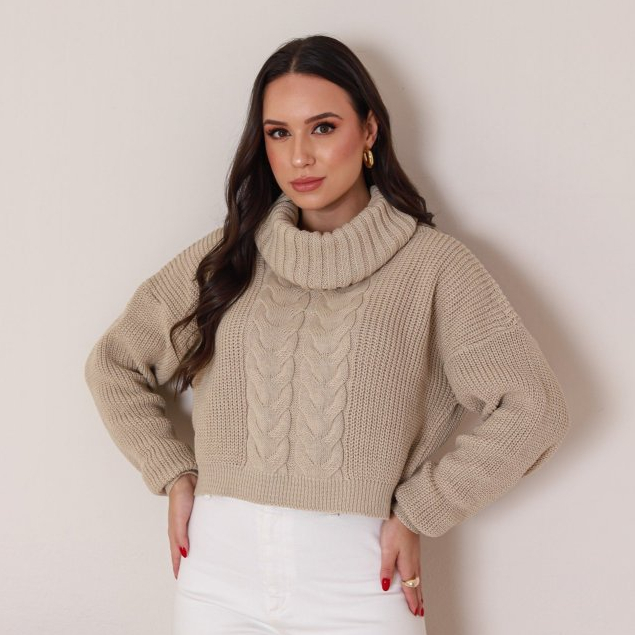 Blusa Cropped Feminina de Tricô | Suéter Gola Alta Trançado | Inverno Quentinha e Macia