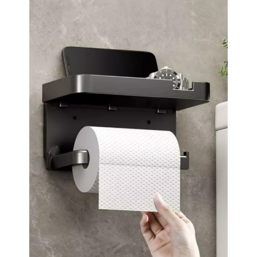 Suporte Plastico Preto Porta Papel Higienico e Suporte para Celular Papeleira Com Adesivo