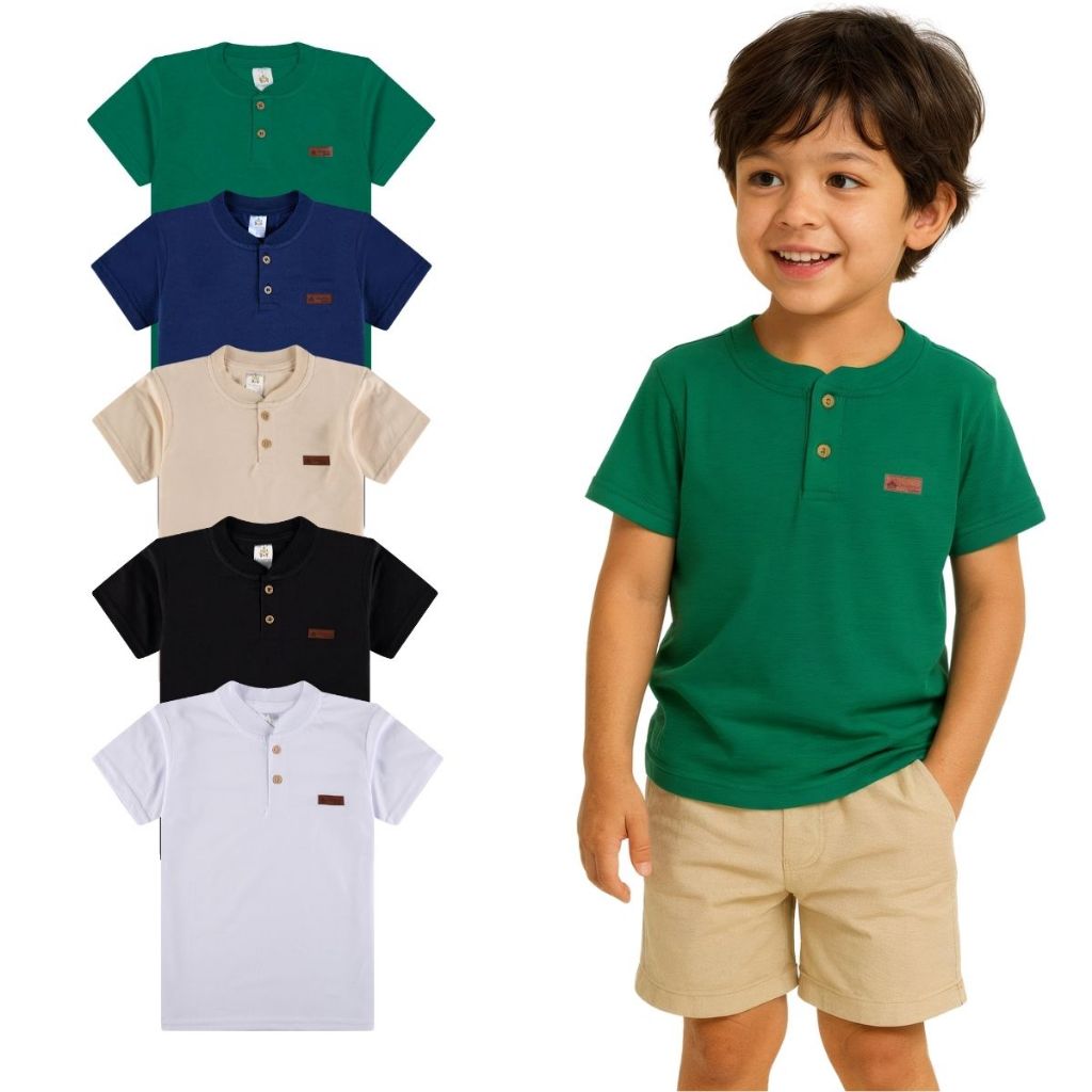 Camiseta Infantil Menino Estilo Gola Padre Henley Casual Masculino Premium L15