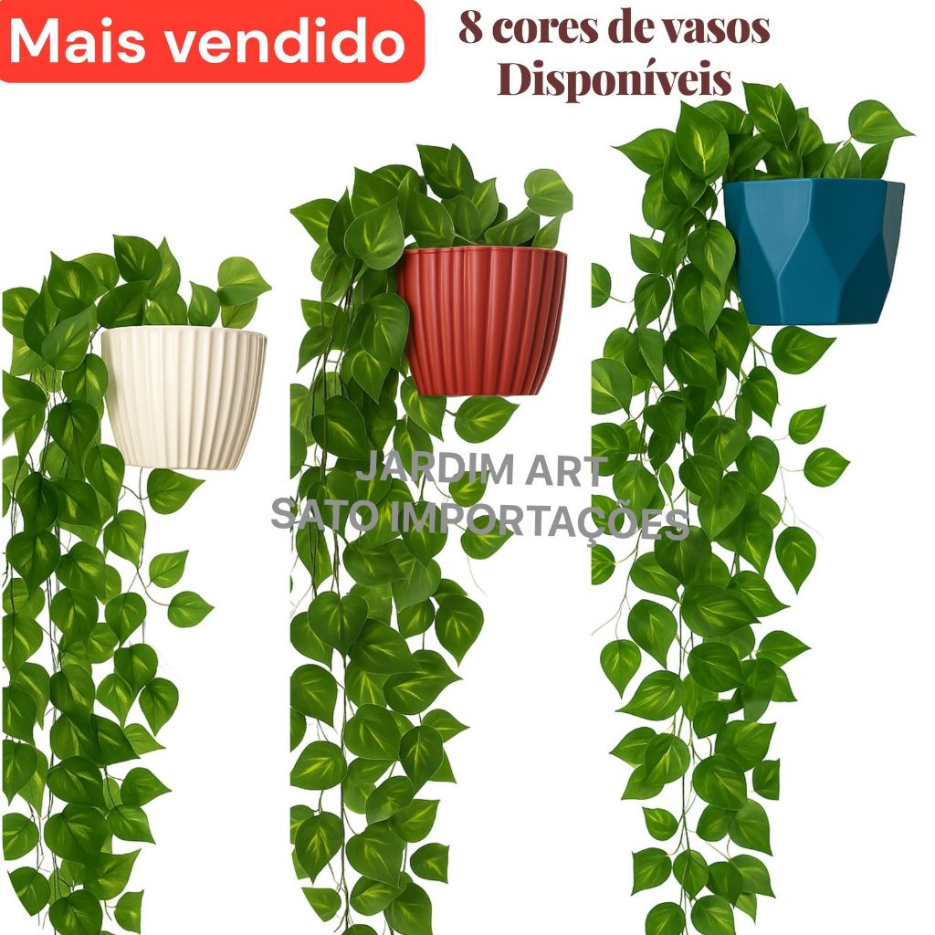 1 Kit Vaso Plastico Ceremico + 2 Planta Pendurada Verde  Artificial Parede Varanda pendente verde caida Enfeite