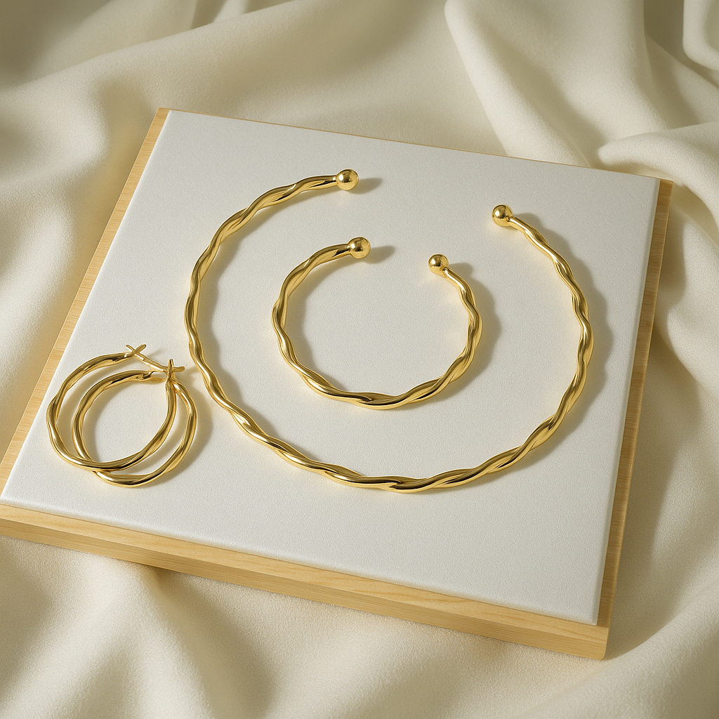 Conjunto de Joias Banhadas a Ouro e Prata – Colar, Pulseira e Brincos de Argola Torcidos