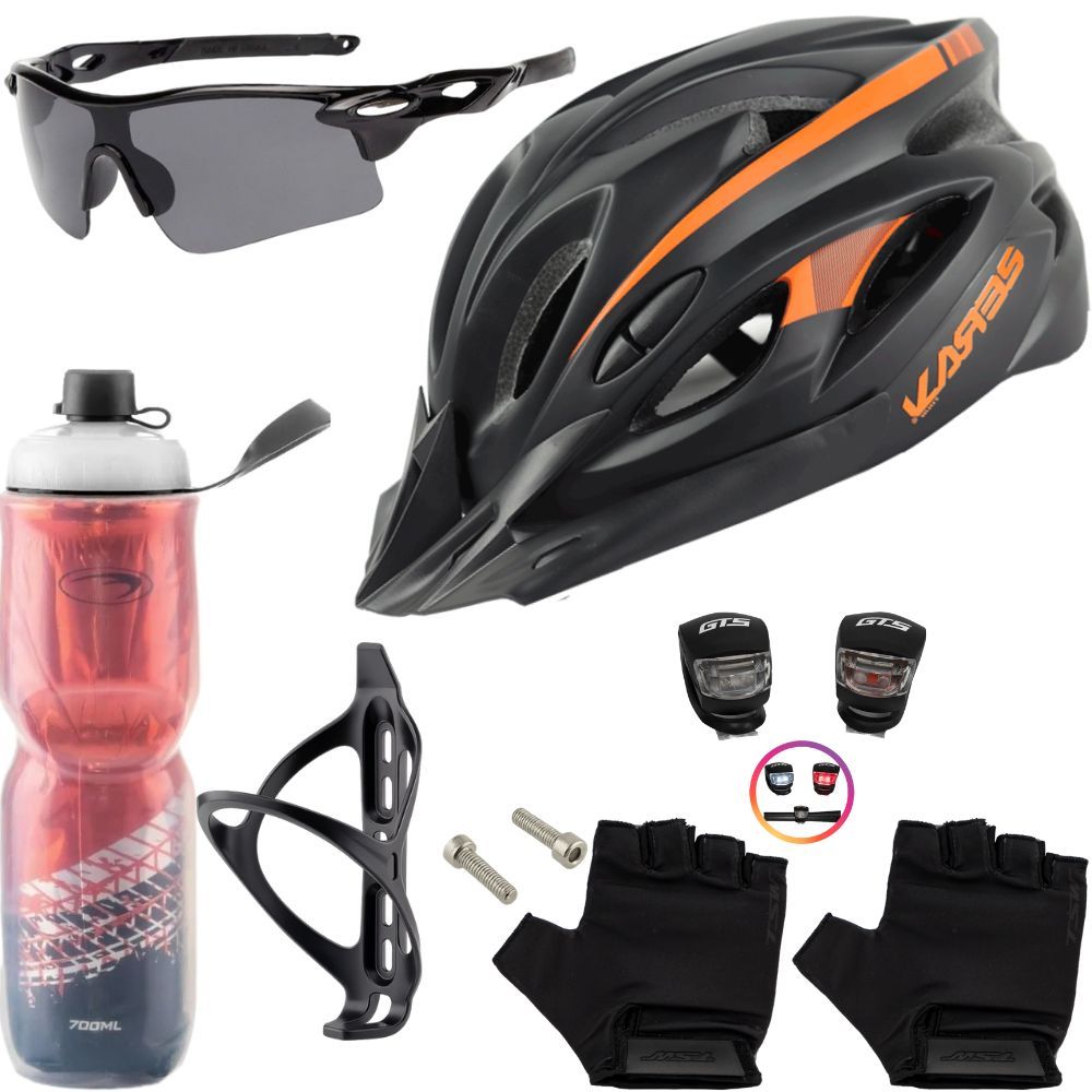 Capacete Bike + Garrafa + Suporte + Pisca + Óculos + Luvas