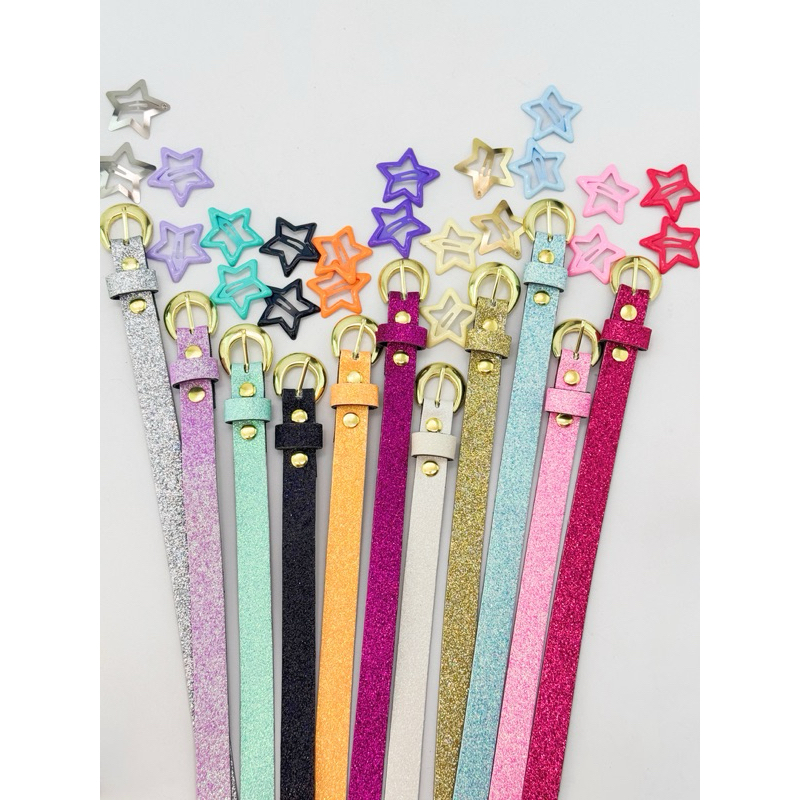 Kit 1 cinto com 2 presilhas infantil de brilho glitter tamanho 87cm