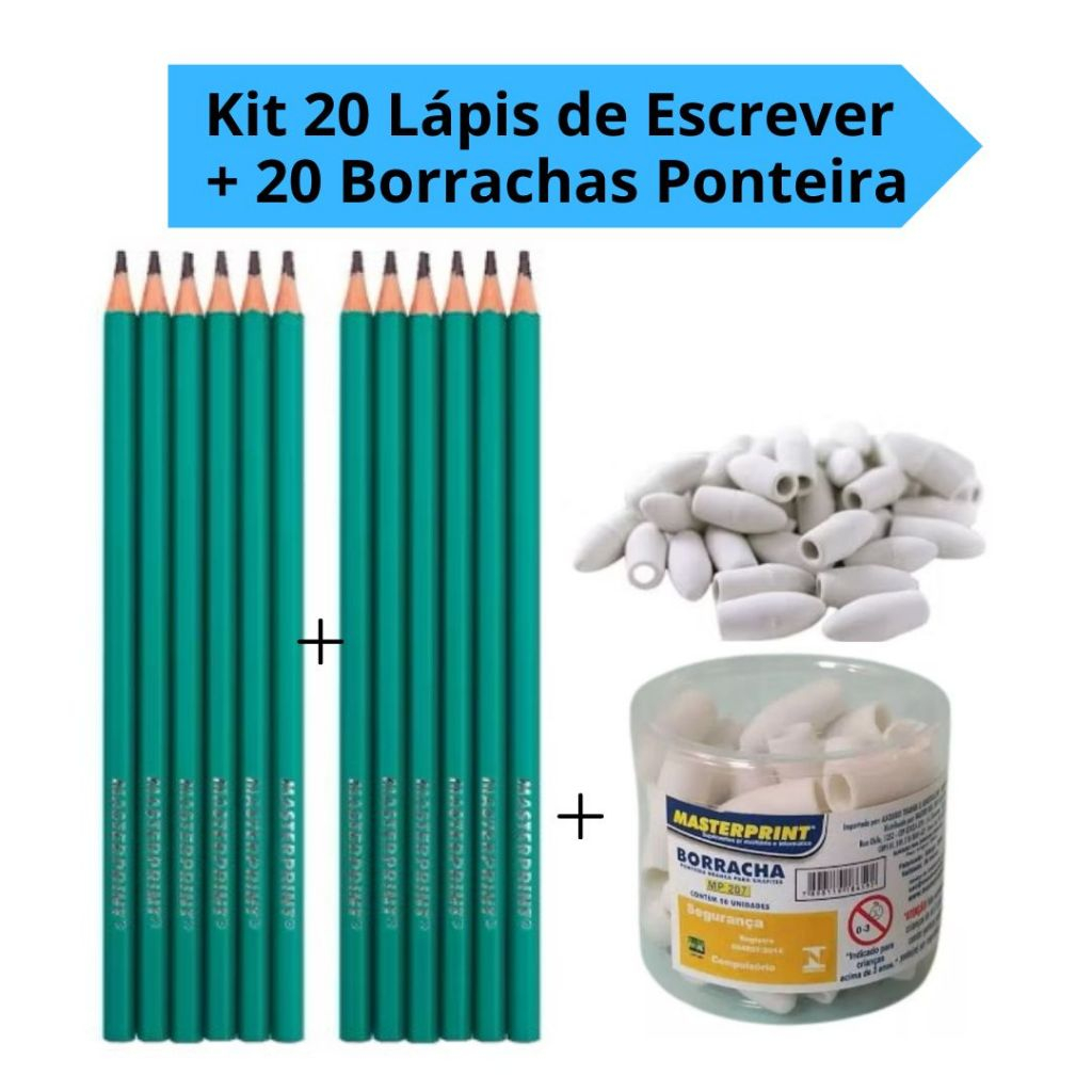 Kit 20 Lápis de Escrever HB N°2 Sextavado + 20 Borrachas Ponteira