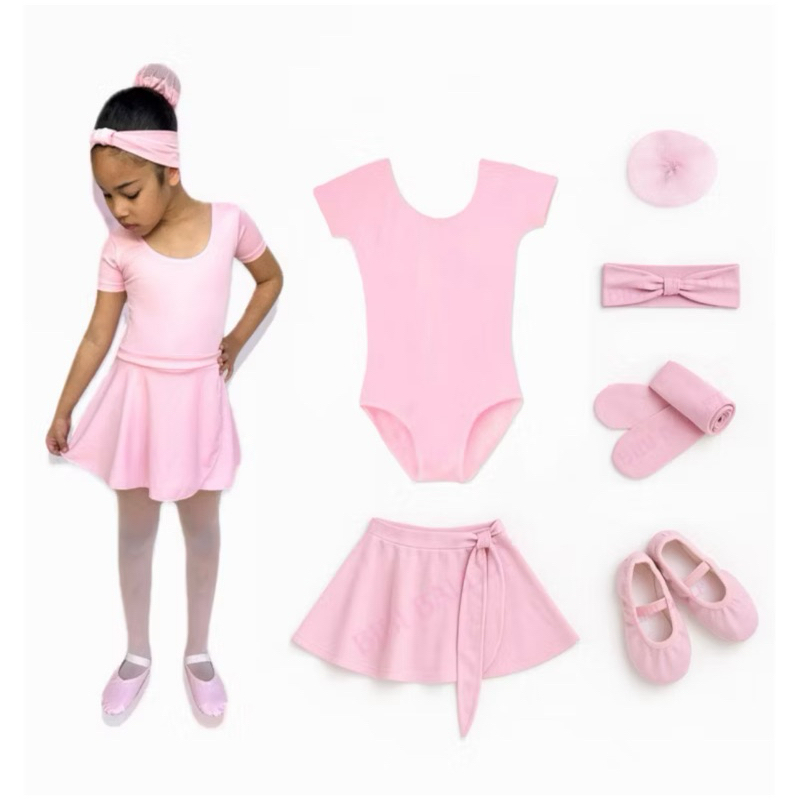Kit Ballet Infantil e Juvenil - 6 itens/ uniforme para dança completo - (Saia Transpassada e Collant com manga) - ROSA