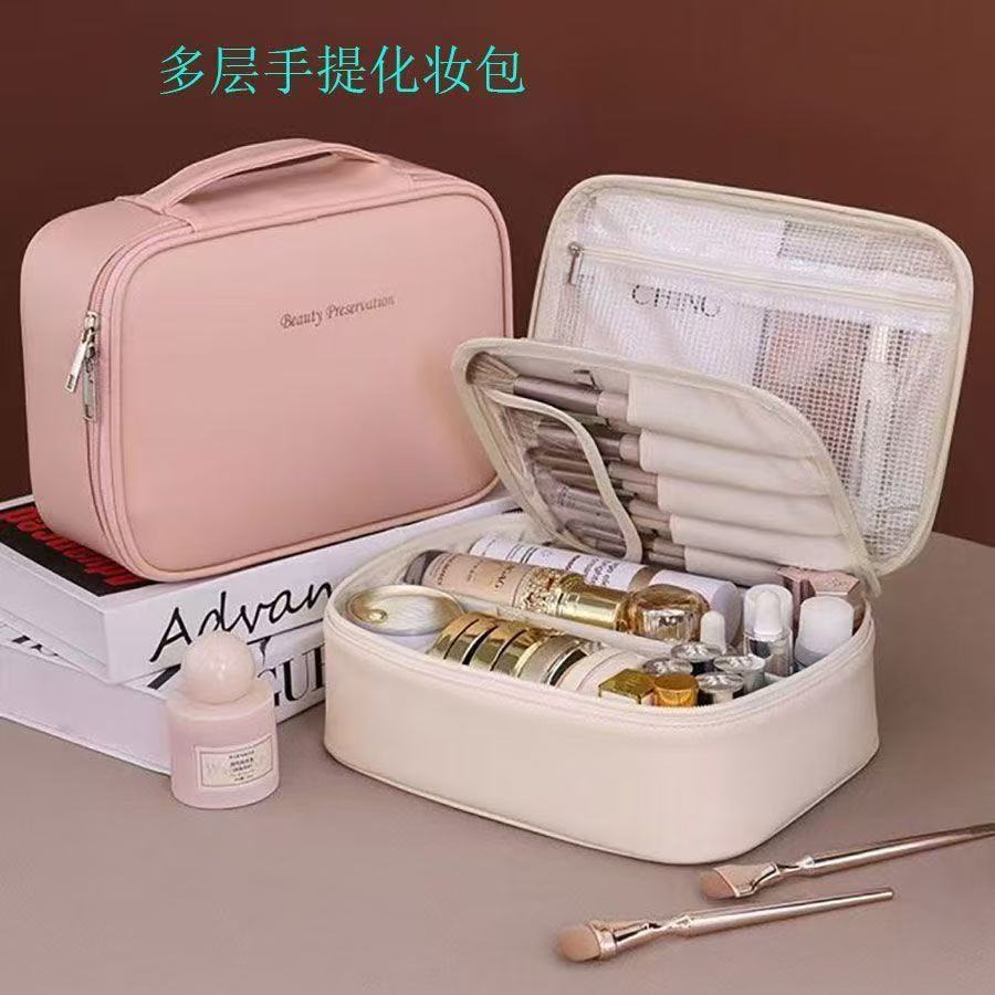 Bolsa de Cosméticos Shifuni Bolsa de Cosméticos de Couro PU Zíper Quadrado Bolsa de Higiene Pessoal Multifuncional