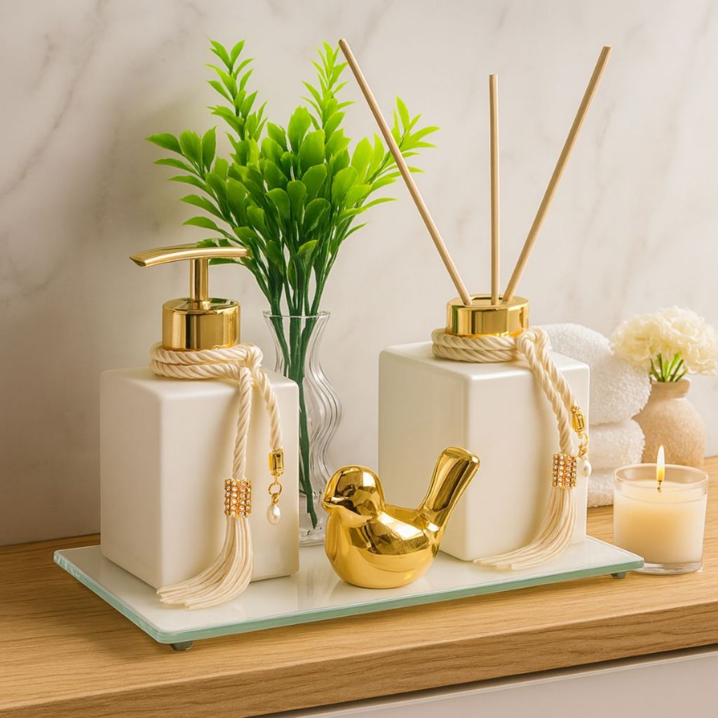Kit Banheiro Lavabo Difusor Aromatizador e Saboneteira Luxo C/ Bandeja Espelhada