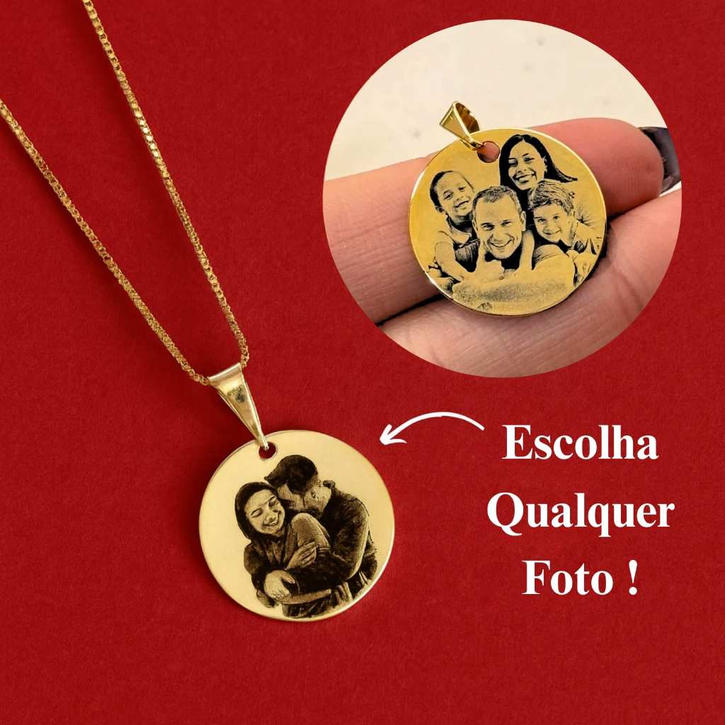 [SEMI JOIA] Colar Personalizado Feminino 17mm Foto Gravação 45cm Banho Ouro 18k Acessórios Presente Dia  Namorado Mulher