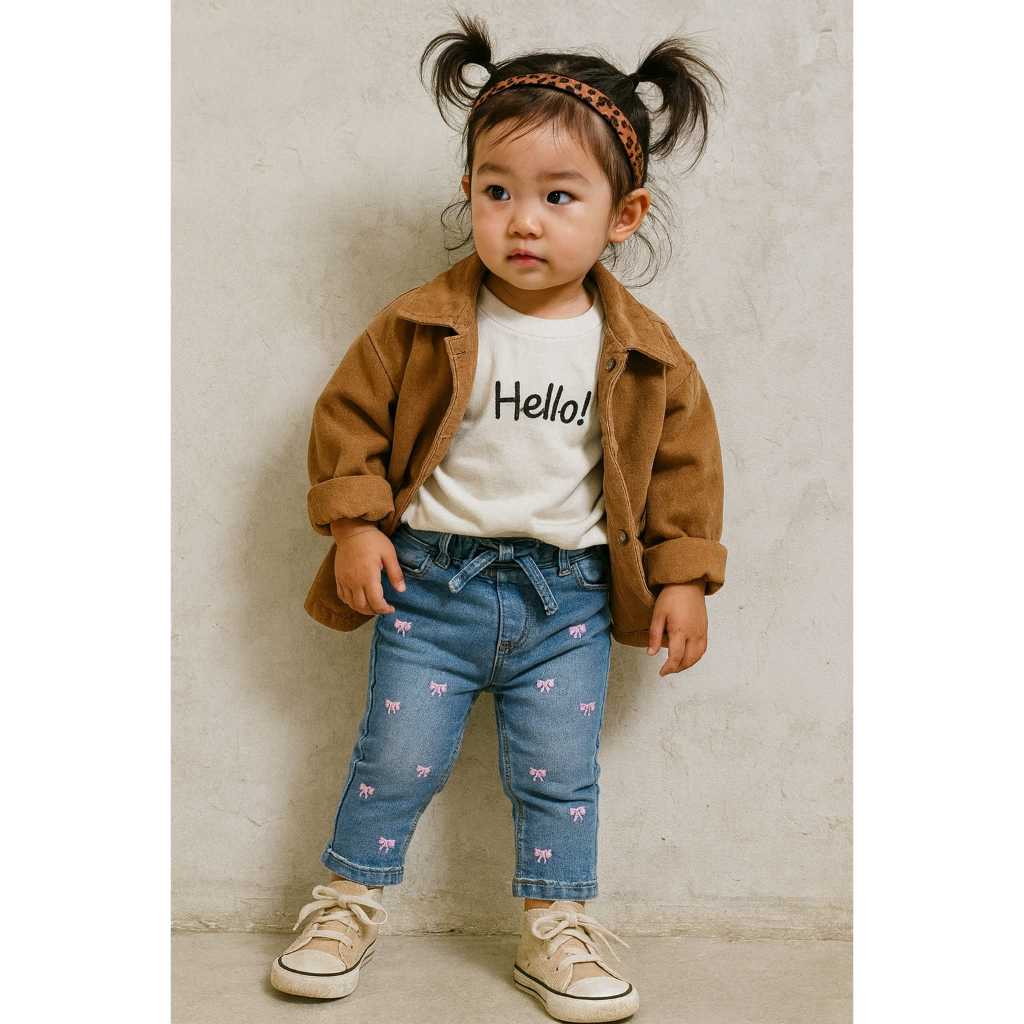 CALÇA JEANS PREMIUM INFANTIL DE BEBÊ MENINA COM LAÇOS BORDADOS P-M-G E 01 AO 03 COM MUITO CONFORTO