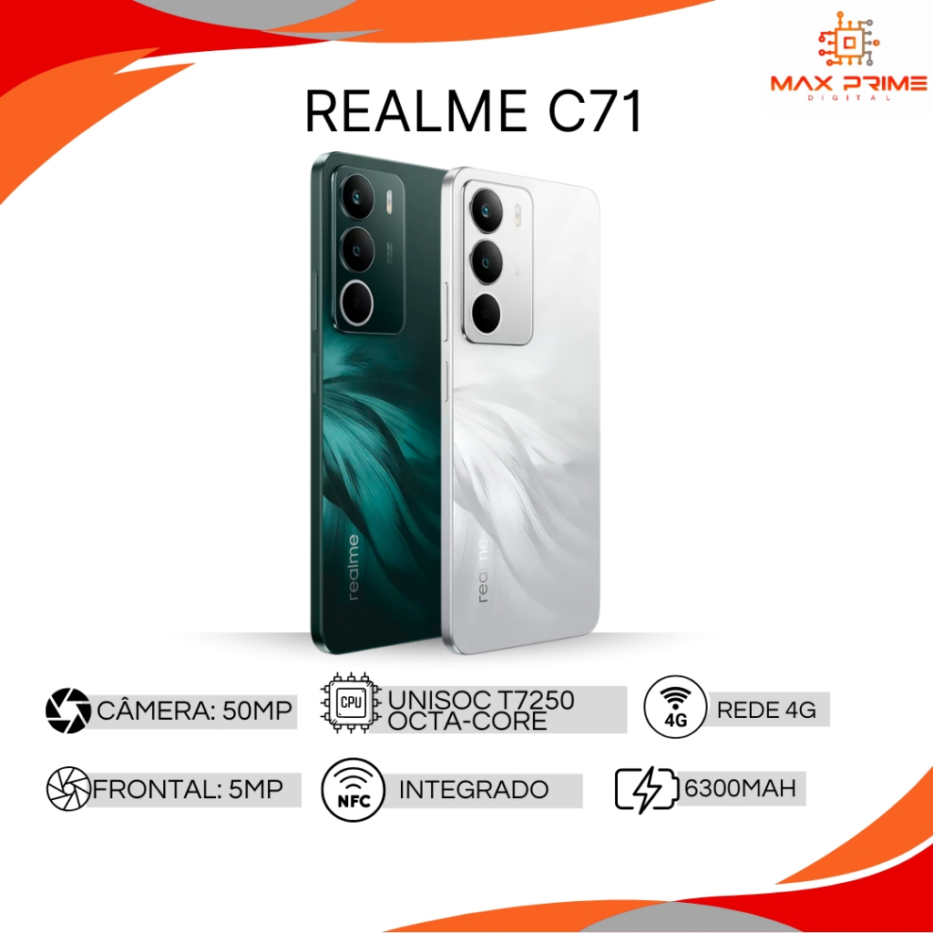Realme C71 4G Versão Global | 128GB ou 256GB, NFC, IP64, Tela 6,67" 120Hz, 50MP, 6300mAh, 45W