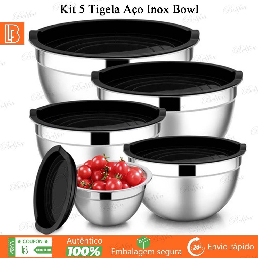 Kit 5 Tigela Aço Inox Bowl Funda Multiuso Redonda Saladeira Confeitaria Bowls Vasilha Com Tampa