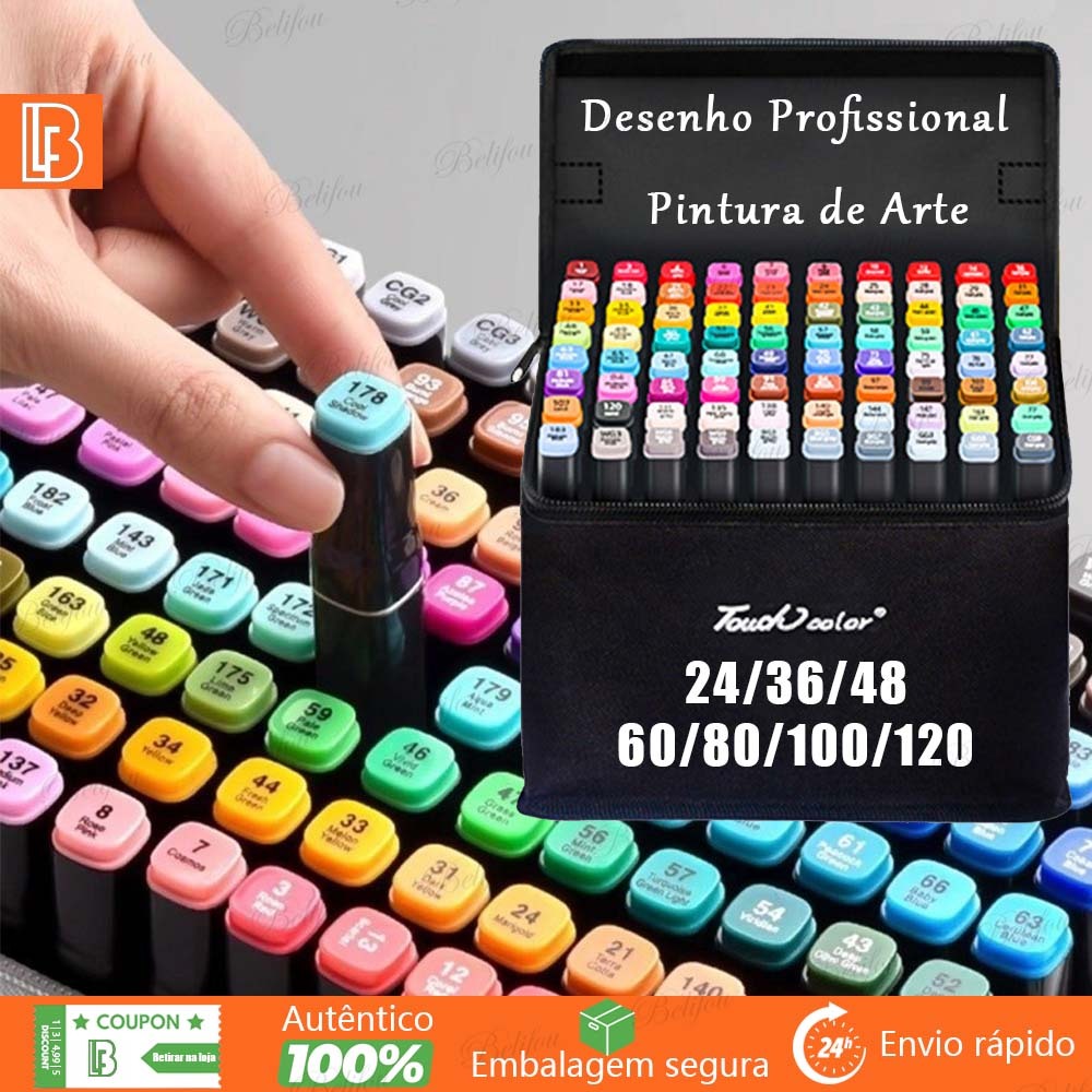 24/36/48/60/80/100/120 Cores Marcadores Caneta Marcadora de Ponta Dupla Preto Conjunto De Canetas Hidrográficas