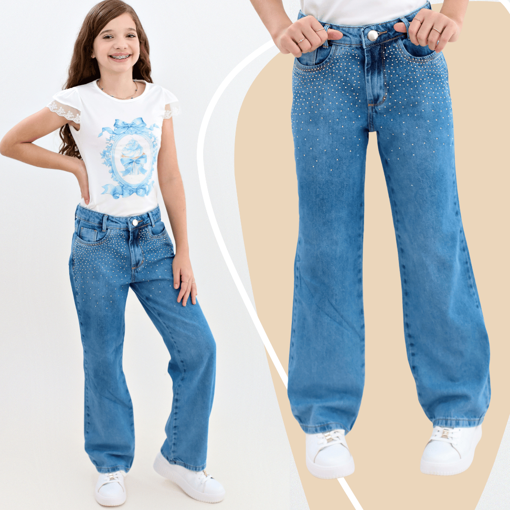 Calca Wide Leg Jeans Feminina com Strass Brilho Meninas Blogueira Pantalona Barra Larga CLARA