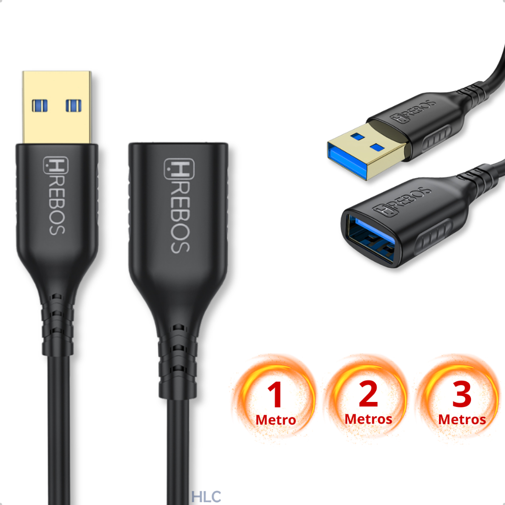 Cabo Extensor UBS 3.0 - 1 Metro, 2 Metros e 3 Metros - 5 Gbps - Extensão Macho e Fêmea Webcam Mouse