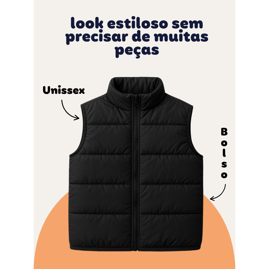 Colete Infantil Puffer Forrado com Bolso