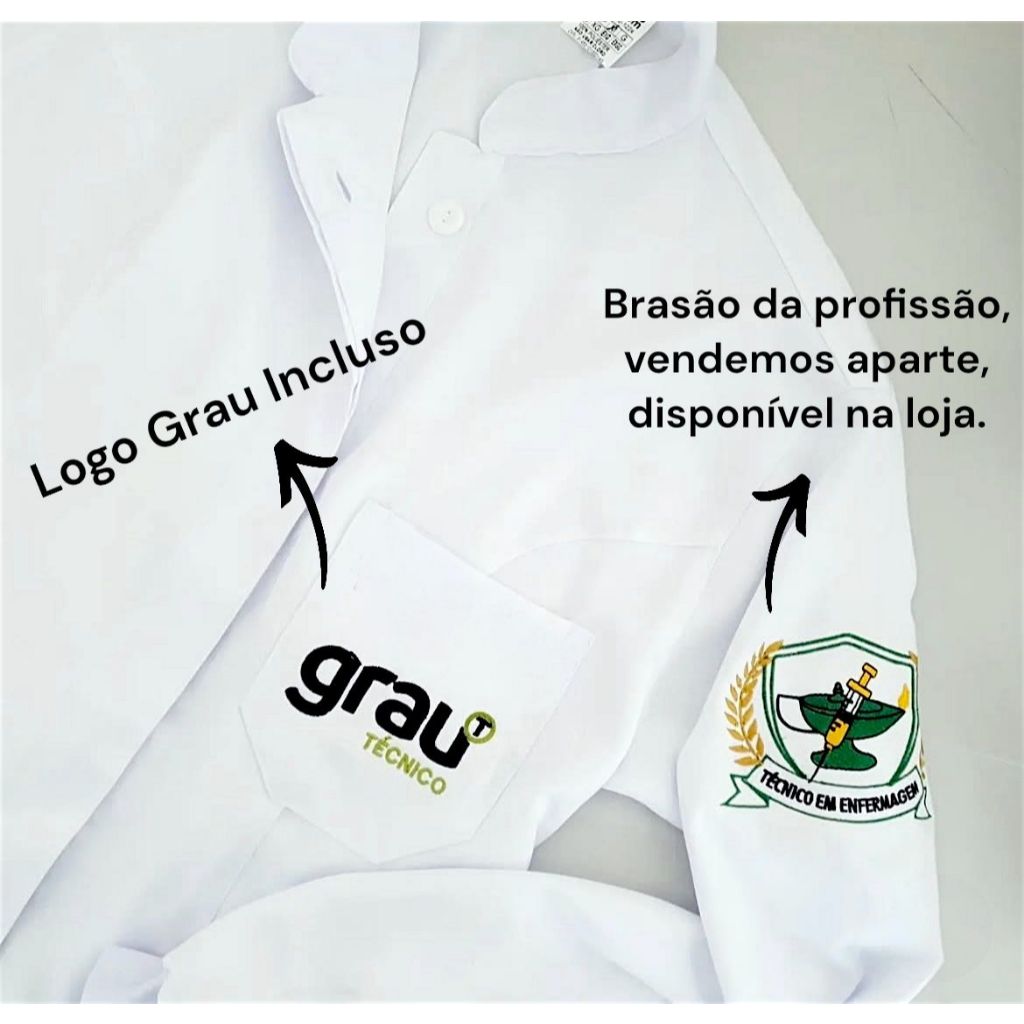 Jaleco Feminino Oxford Branco Com Bordado Grau Tecnico Botão Elástico Acinturado, Manga Longa
