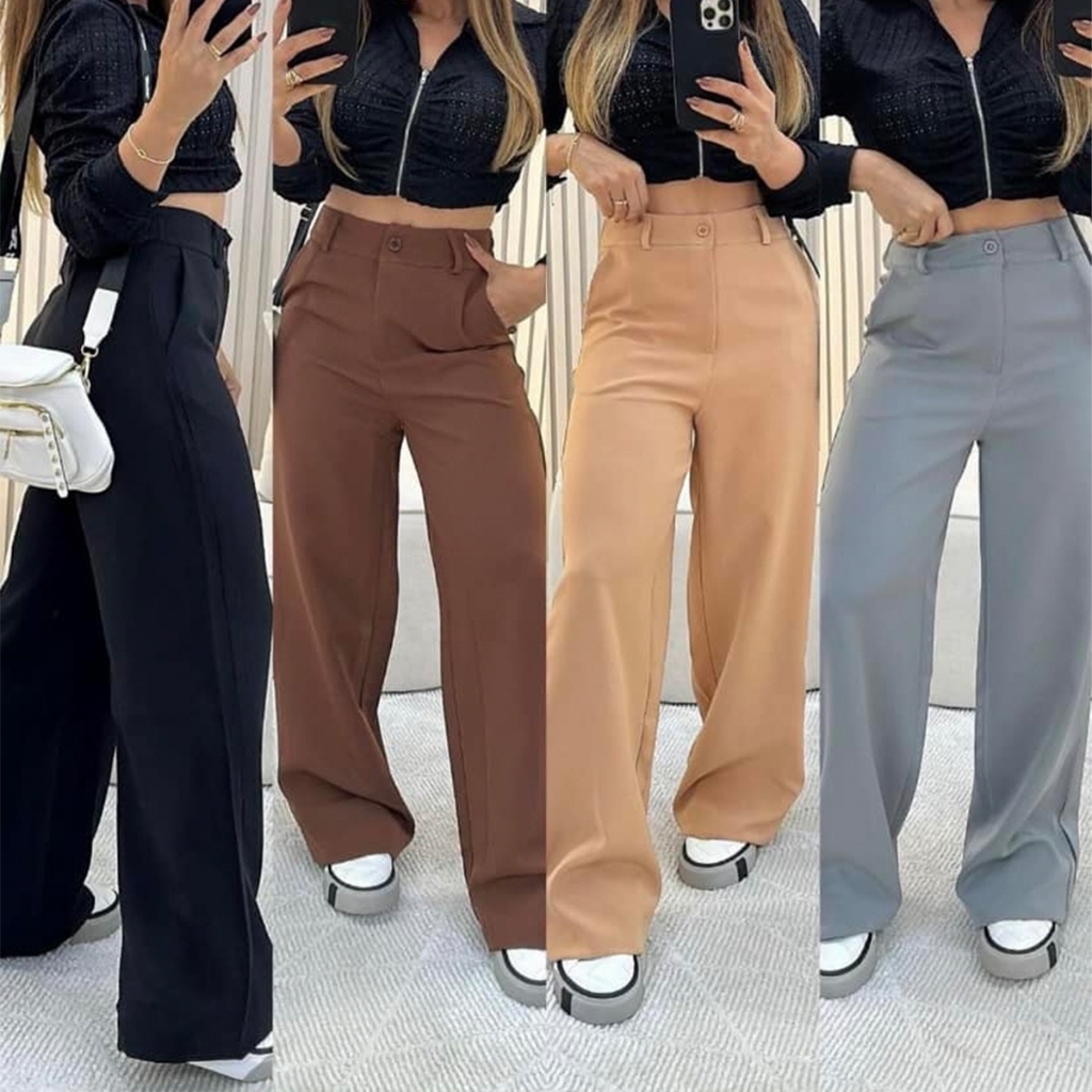 Calça Alfaiataria Pantalona Cintura Alta Com Bolso PROMOÇÃO