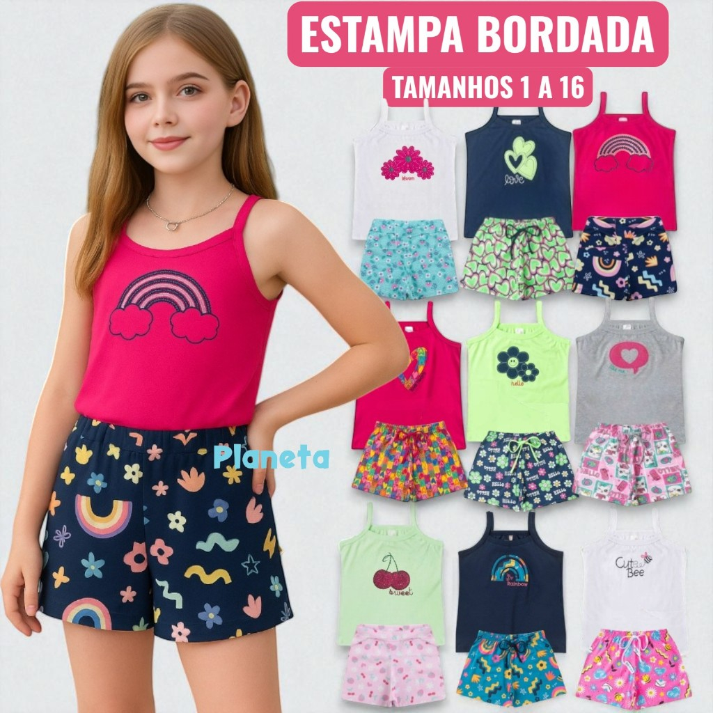 Kit 4 peças Infantil Juvenil Menina com Blusa Bordada com Alça e Shorts Estampado