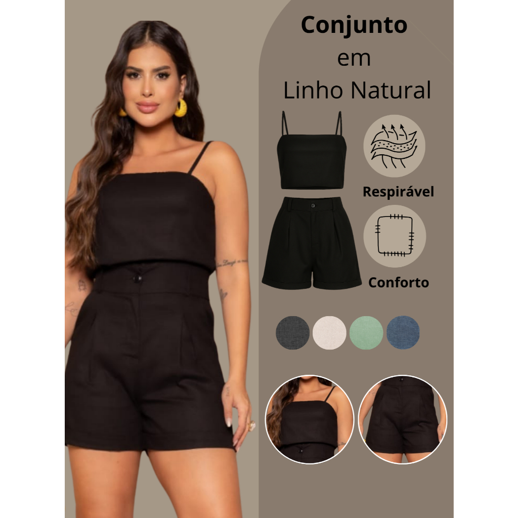 Conjunto de Linho Regata Shorts Com Bolsos Feminino Confortável Verão Cintura Alta Leve Soltinho