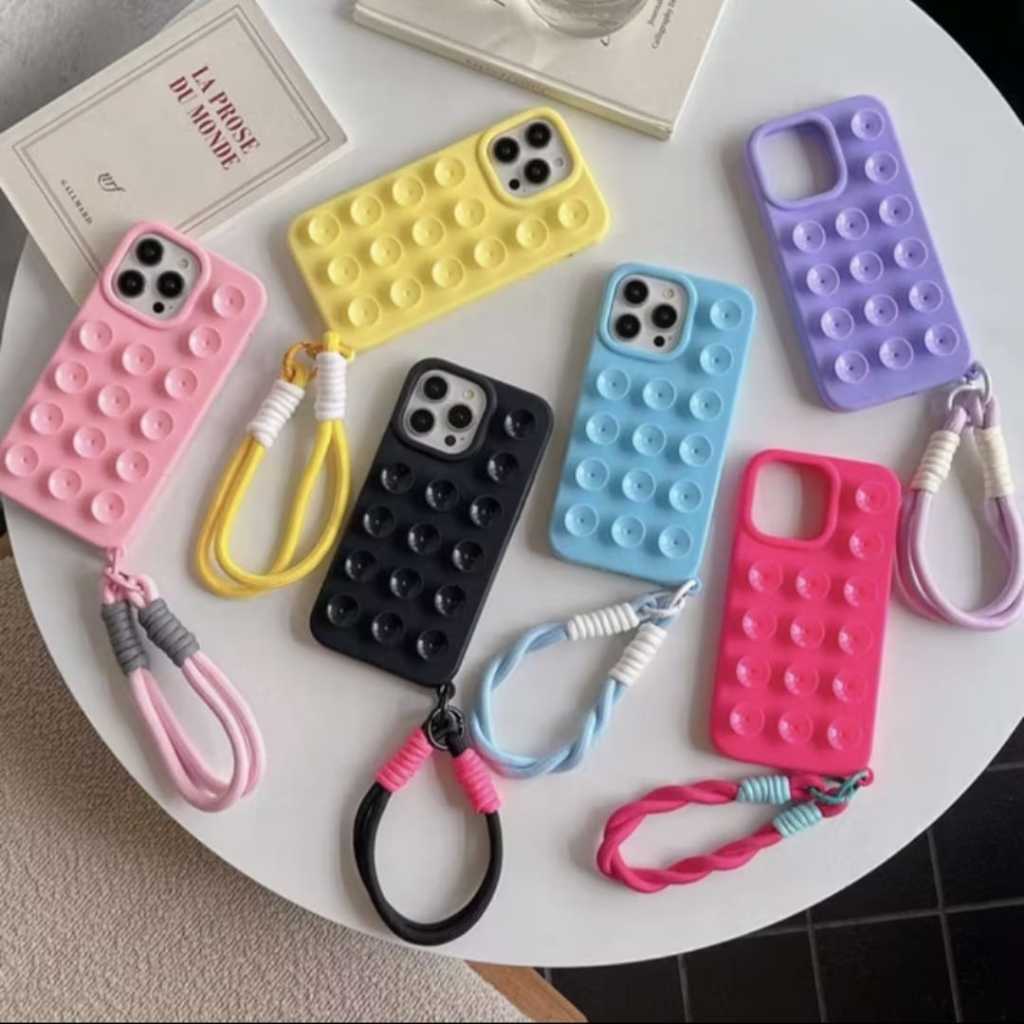 Capa Compatível com  iPhone com Ventosa Silicone + Cordão Anti-queda, Lindas Cores, 11/ 12/ 13/ 14
