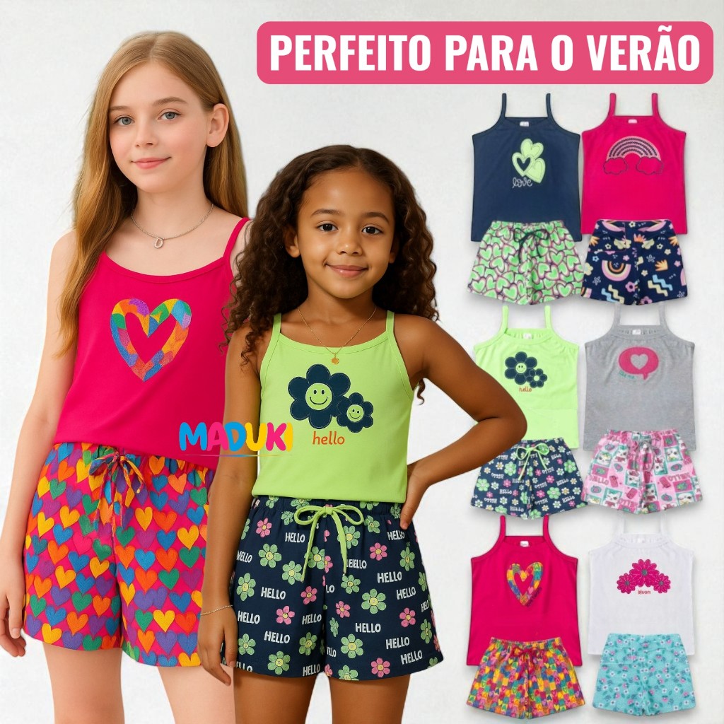 Kit 6 Peças Infantil Juvenil Menina com Blusa Bordada com Alça e Shorts Estampado Verão