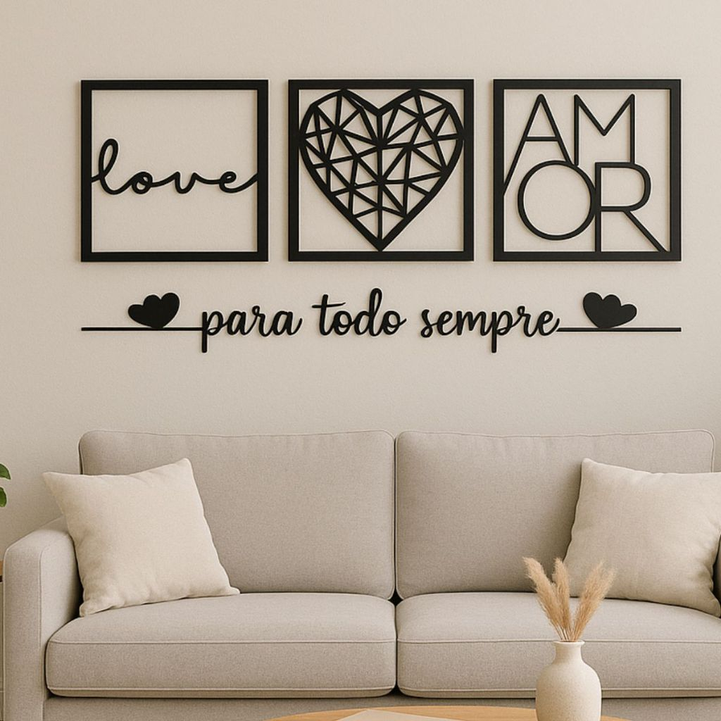 Kit 3 Quadros Love Coração Geométrico Amor + Frase Para Todo Sempre Dois Corações + 2 Mini coração