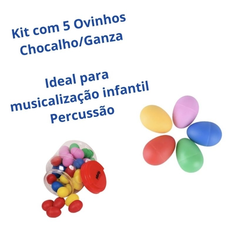 Kit 5 Ovinhos chocalho colorido percussão e musicalização infantil ganza maraca