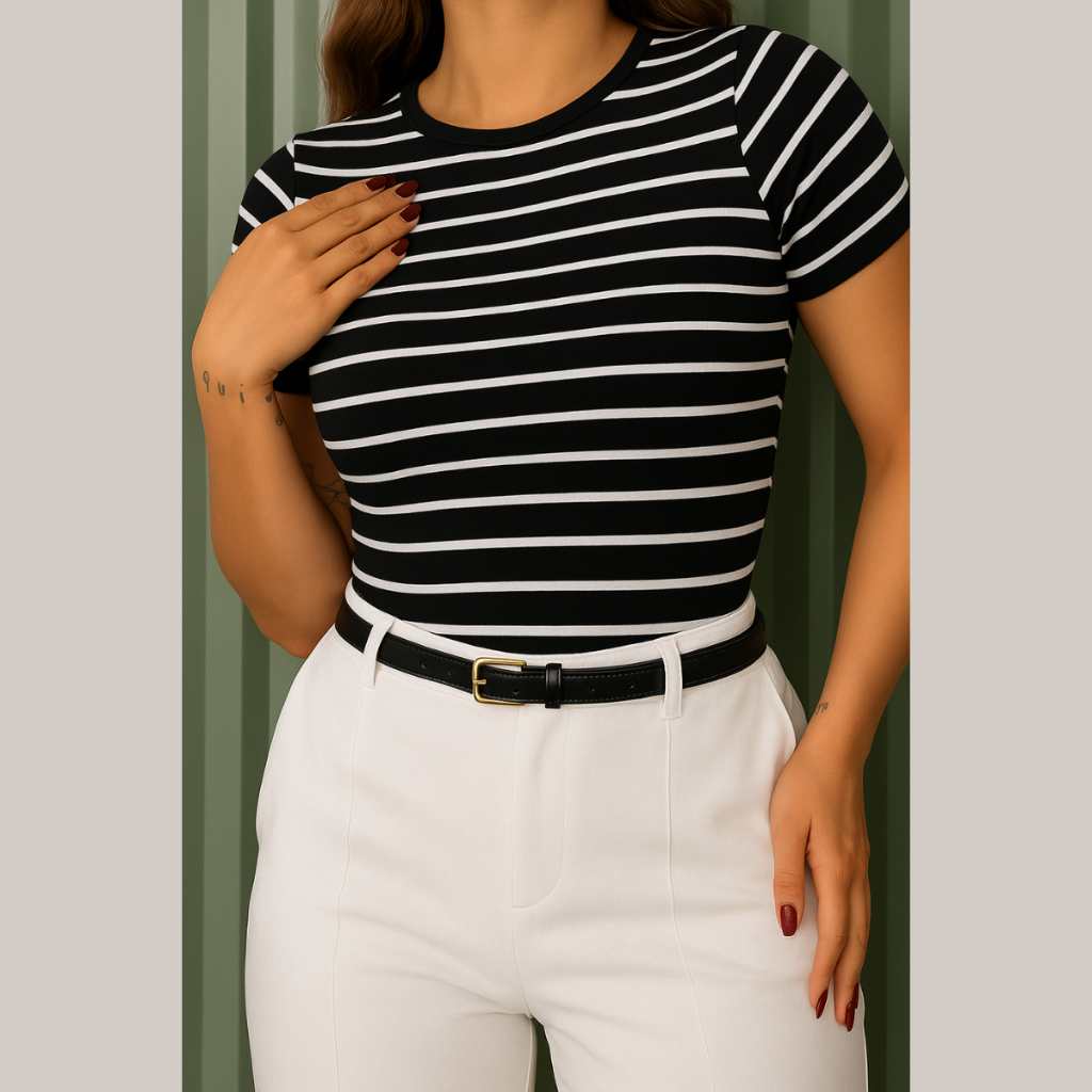 Blusa Feminina Manga Curta Listrada Tecido Canelado - Confortável baby look Casual Verão