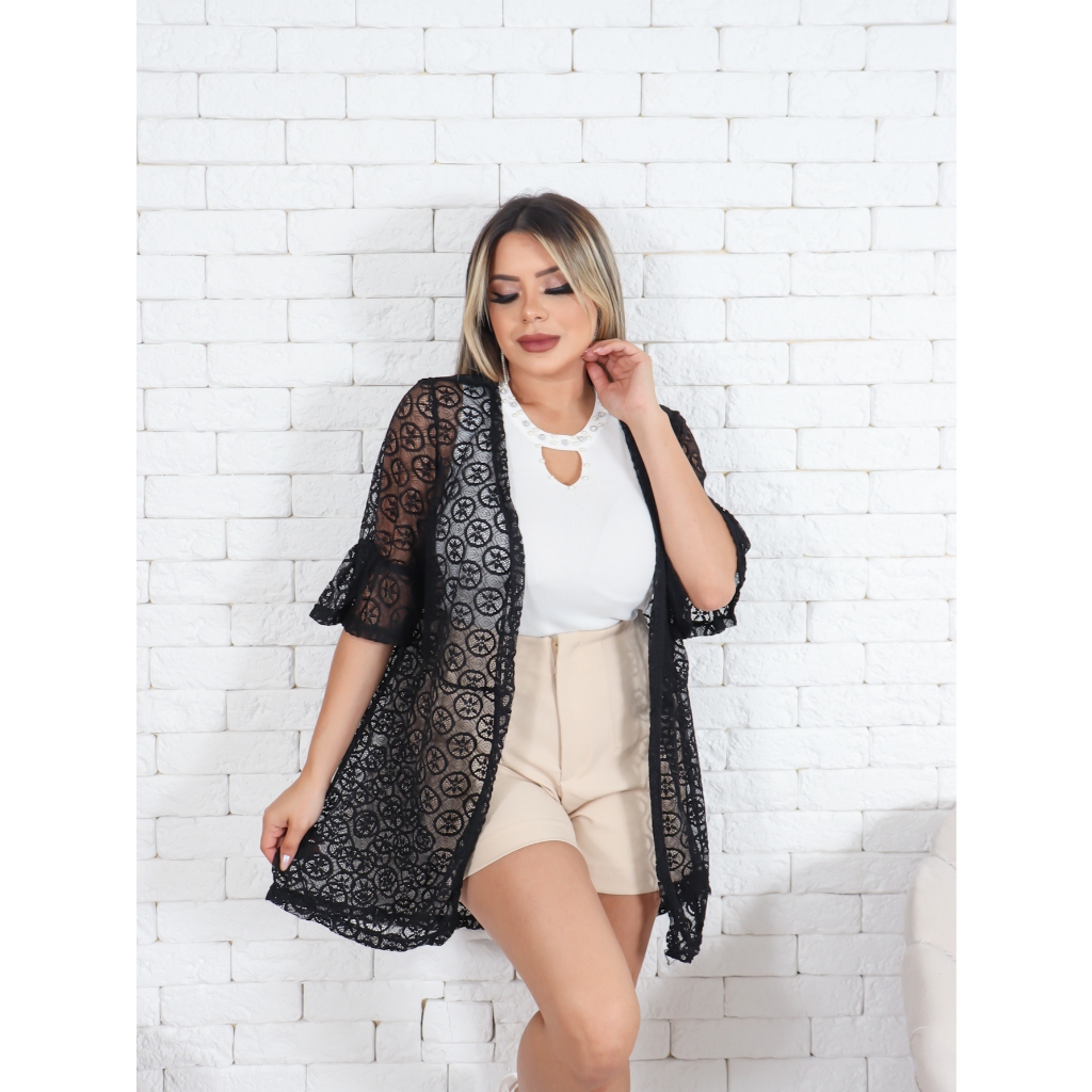 Cardigan feminino renda trico com manga meia
