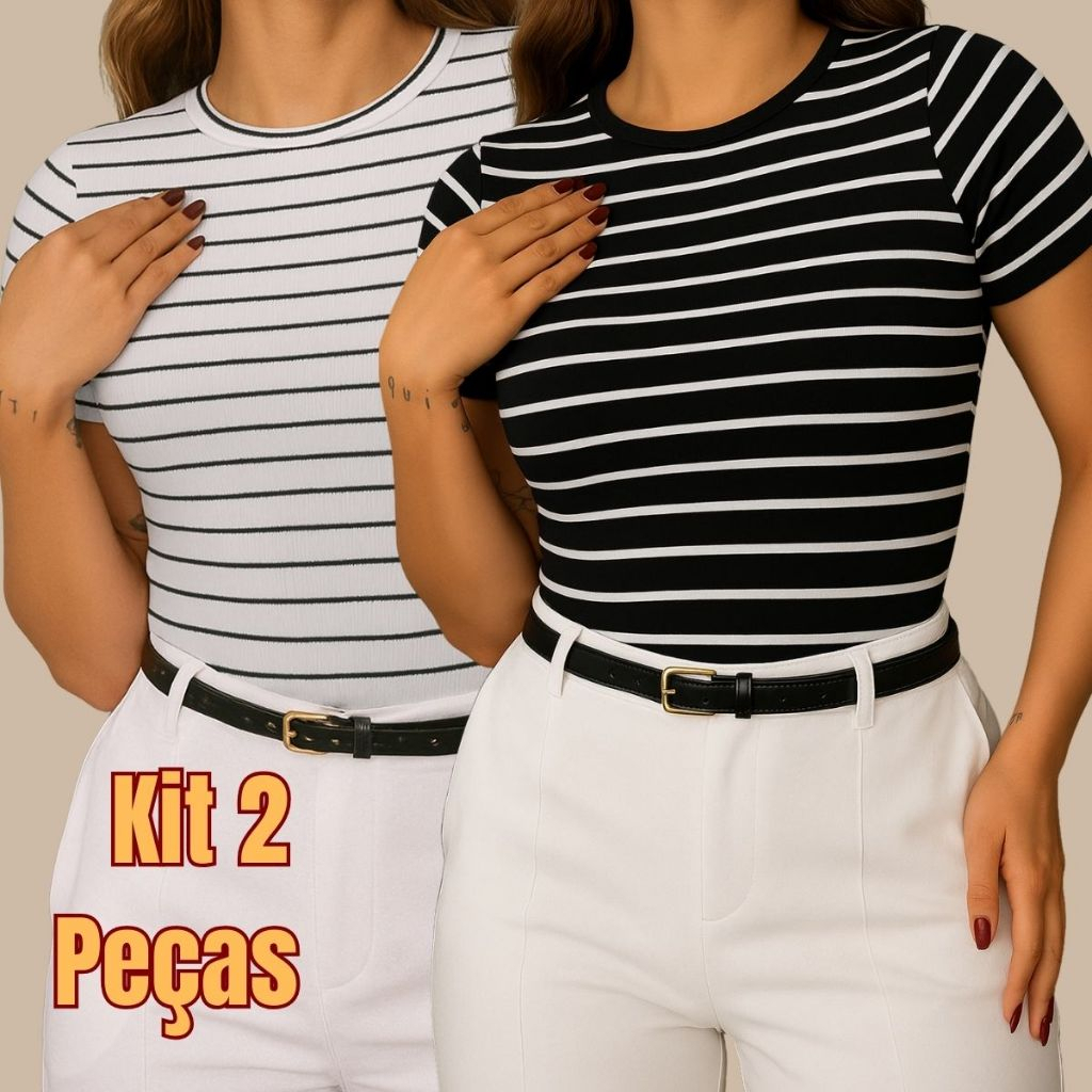 KIT 2 Blusinha Feminina Manga Curta | Blusa Listrada Canelada Verão Casual Estilo Baby Look