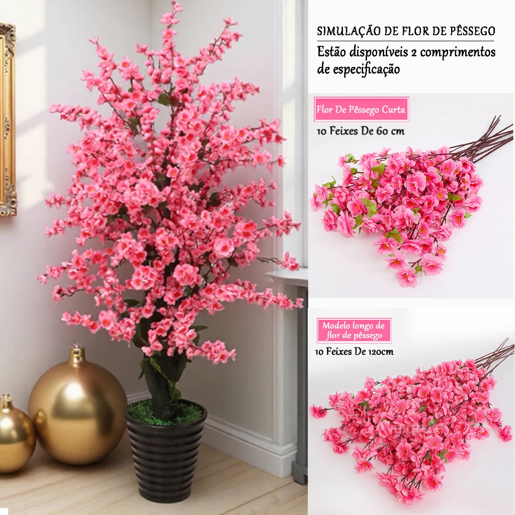 10 Ramos De Flor Artificial Cerejeira Grande Flor De Pêssego Decoração De Casamento 60cm