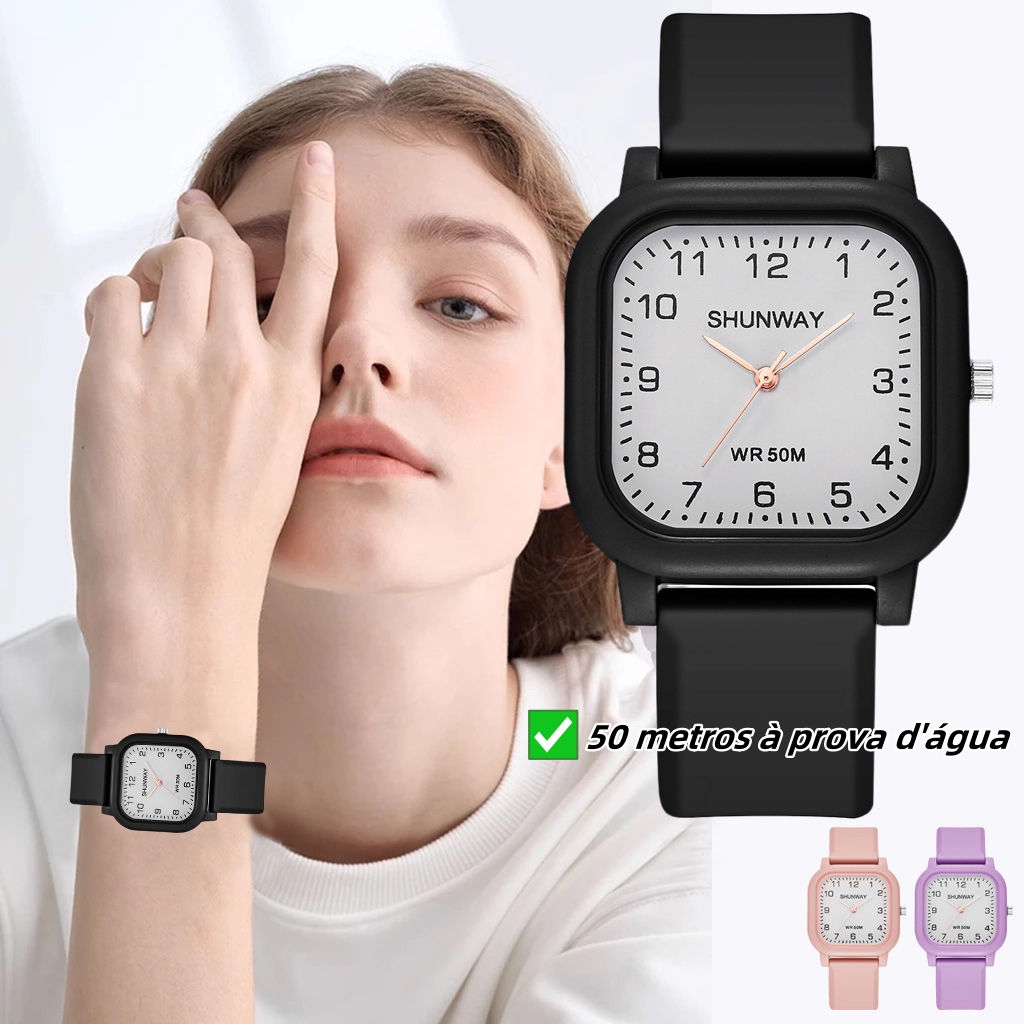 Moda Quadrada Concha Ponteiro Numeral Árabe Silicone Senhoras Relógio