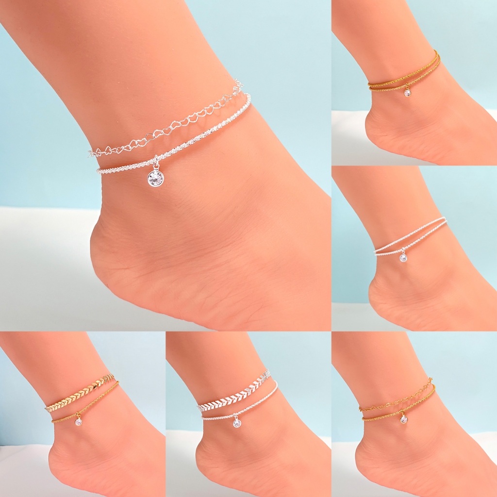 2 peças de tornozeleiras femininas da moda, tornozeleira de gipsófila + pingente redondo de zircônia