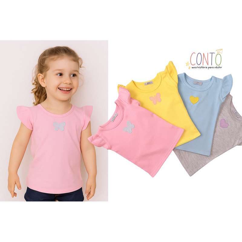 kit 3 blusa manga curta com aplique camiseta menina roupa infantil menina cores