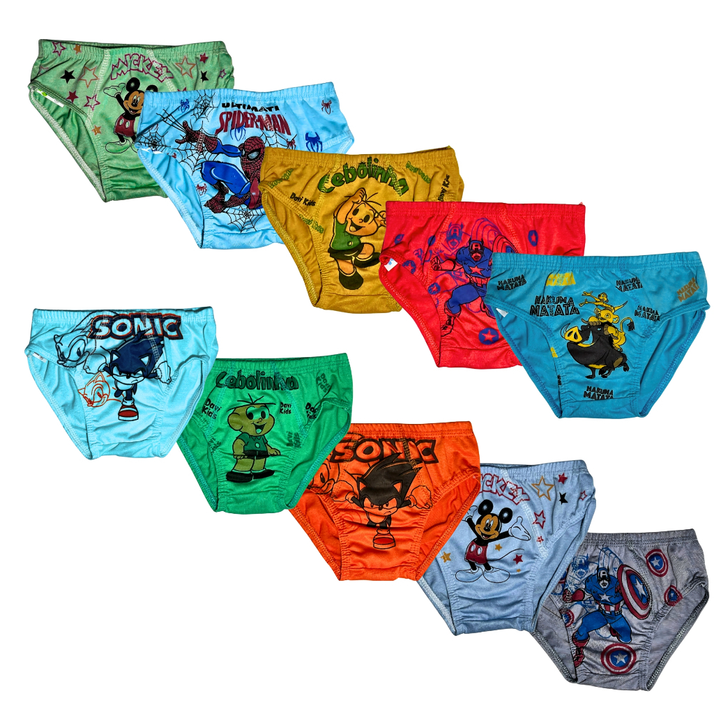 Kit 5-10 Cueca Infantil Menino Slip Premium Sublimada Forro 100% Algodão