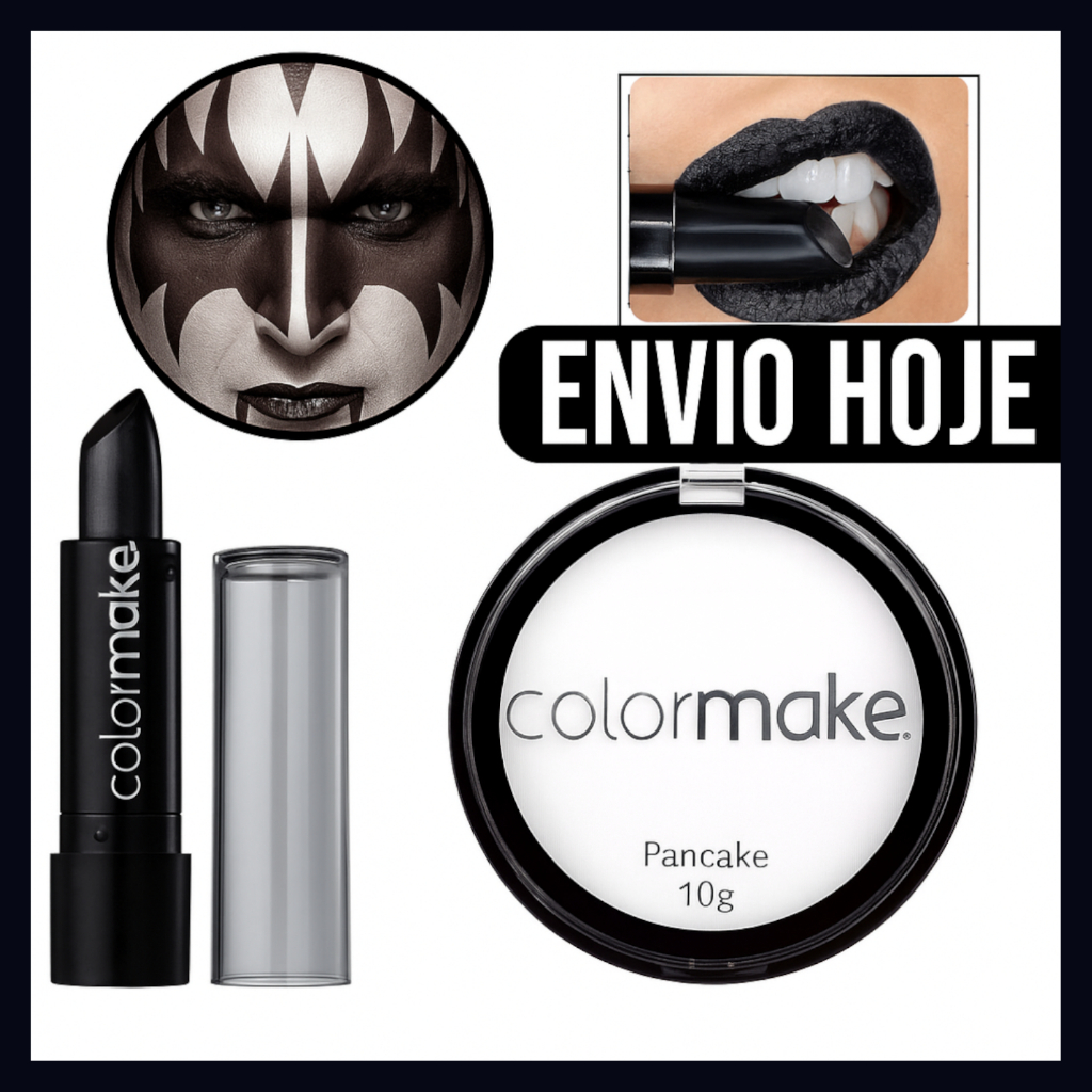 Pancake Branco e Batom Preto Colormake – maquiagem artística para Halloween, fantasia e festas.