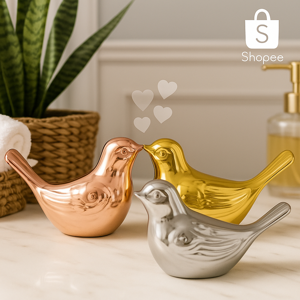 Enfeite Casal de passarinho porcelana Pomba metálica pequena/ Mesa estantes Decoração de bandeja banheiro sala Elegante.