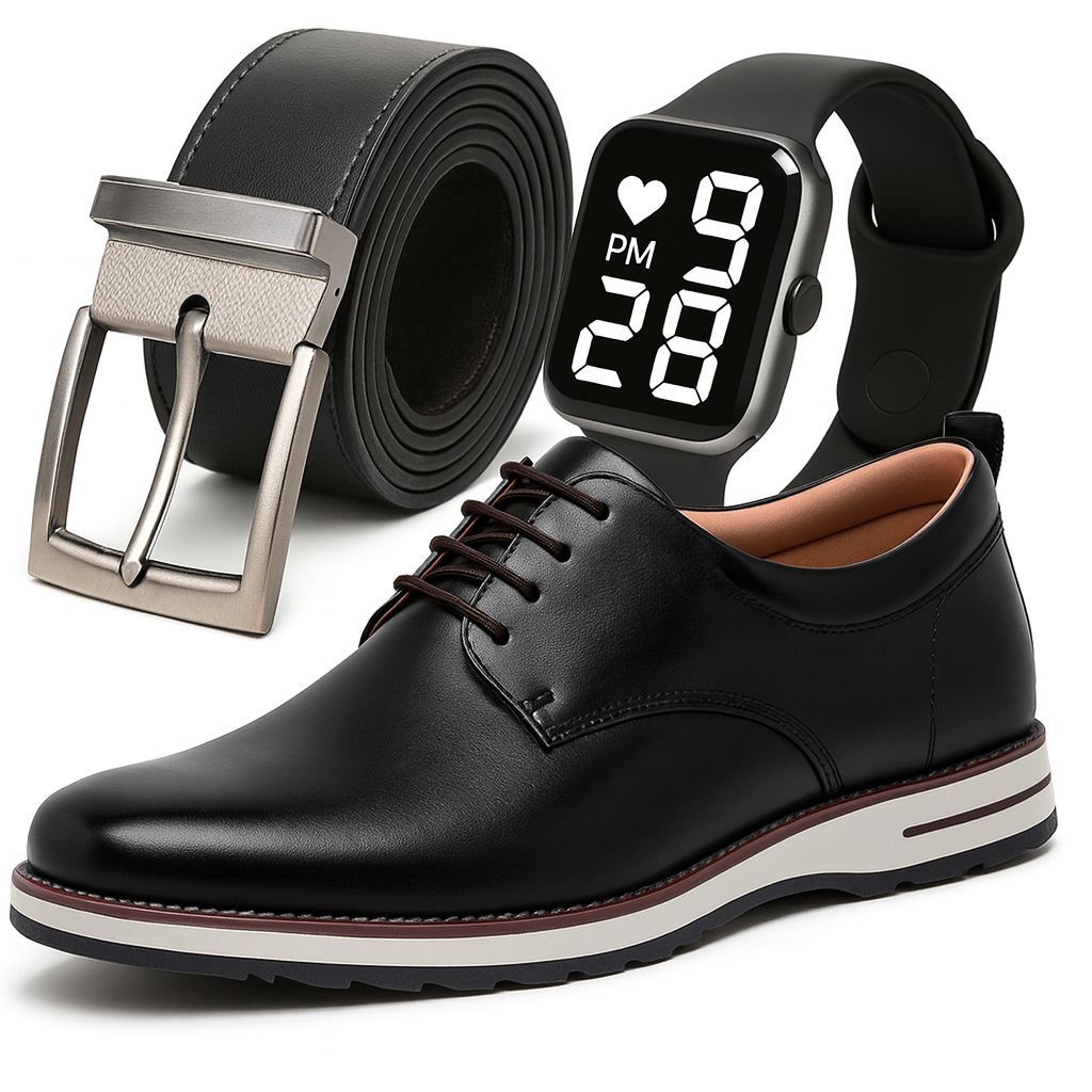 Sapato Social Masculino de Couro + Cinto de Couro Nobre + Relógio Digital Moderno Kit Estilo Top Promoção Envio Imediato