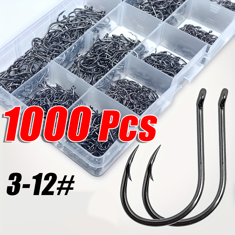 Kit 1000 Anzóis de Aço Alto Carbono, Sortidos #3 ao #12, Acessórios de Pesca com Estojo de Armazenamento Profissional