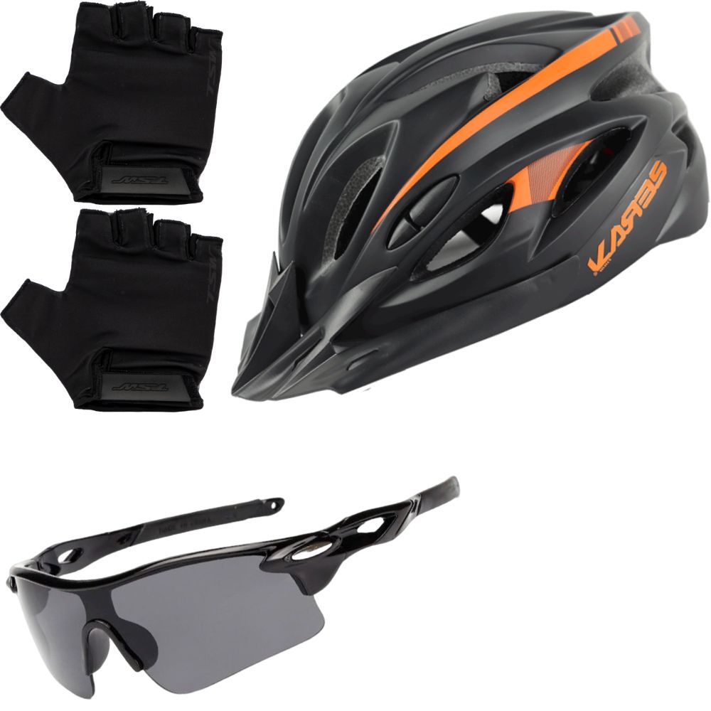 Capacete Bike Ciclismo Mtb Com Sinalizador De Led + Óculos Esporte + Par De Luvas