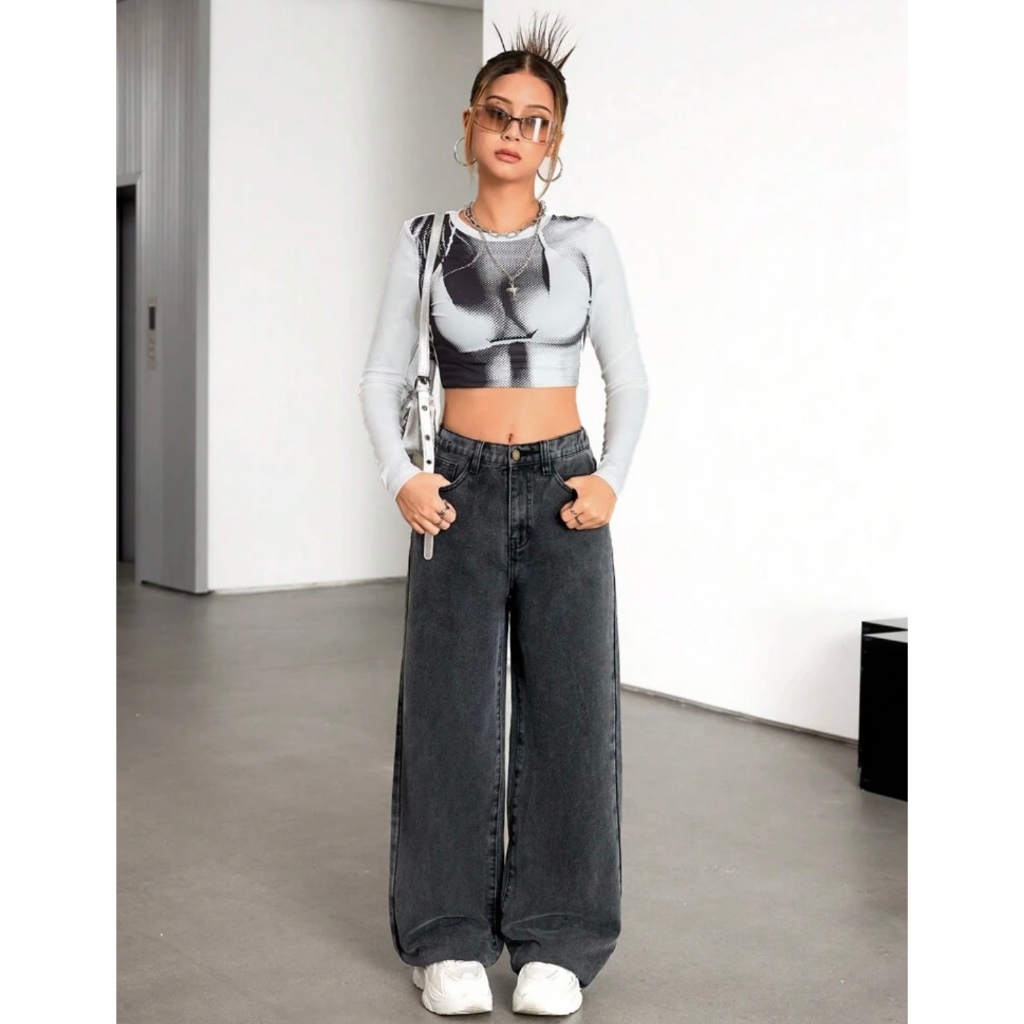 Calça Jeans Wide Leg Grafite Lisa Black Reta Baggy Feminina Infantil Juvenil Com Ajuste Blogueira Lançamento 10-16