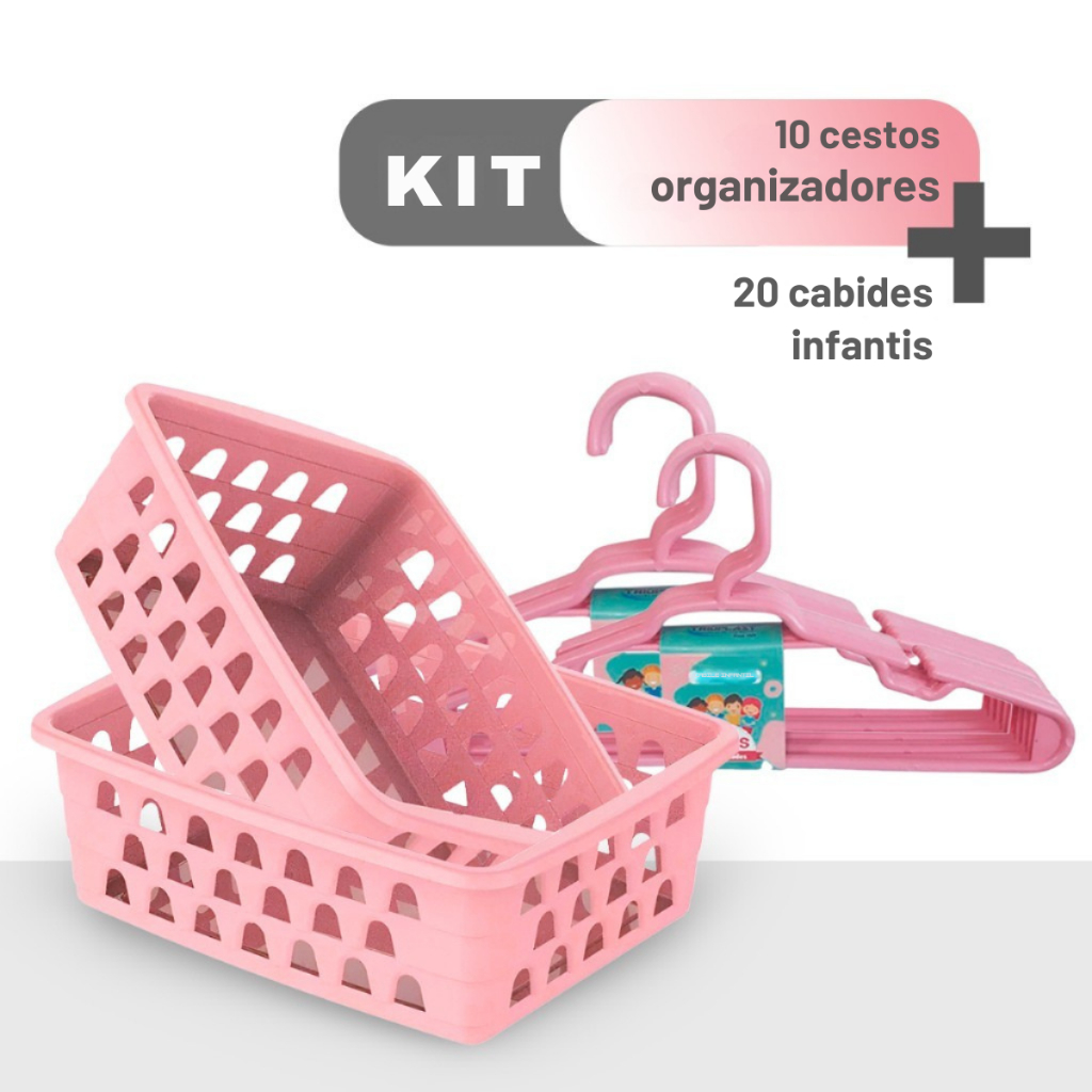 Kit 10 Cestos Organizador Pequeno Multiuso Rosa + 20 Cabides Infantil Bebê Rosa