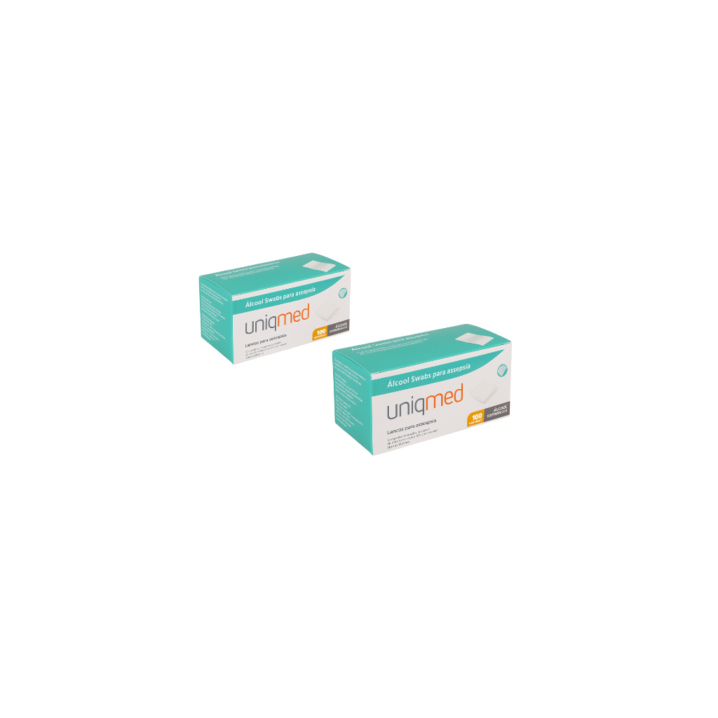 Kit 2 Caixas Álcool Swab 70% Saches Lenço Umedecido C/100 Unidades Cada - Uniqmed