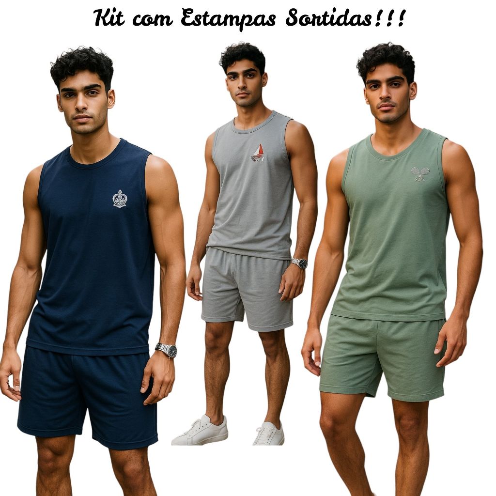 Kit com 3 Pijamas Masculino Regata Verão Adulto em Malha de Qualidade Cores Sortidas