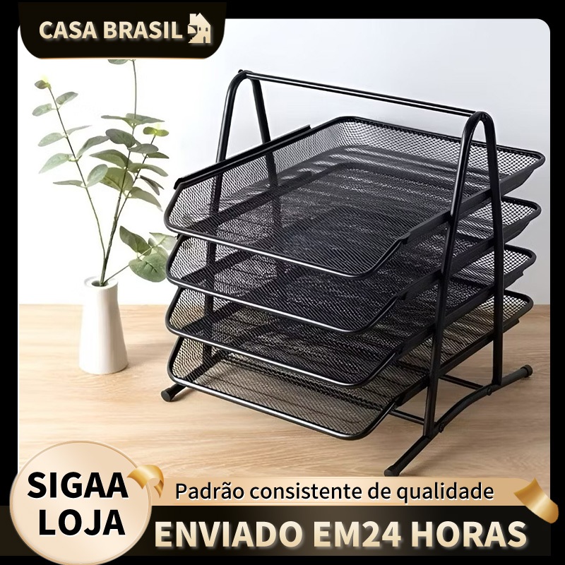 Suporte Organizador De Documento Papel A4 3/4 Bandejas Preto