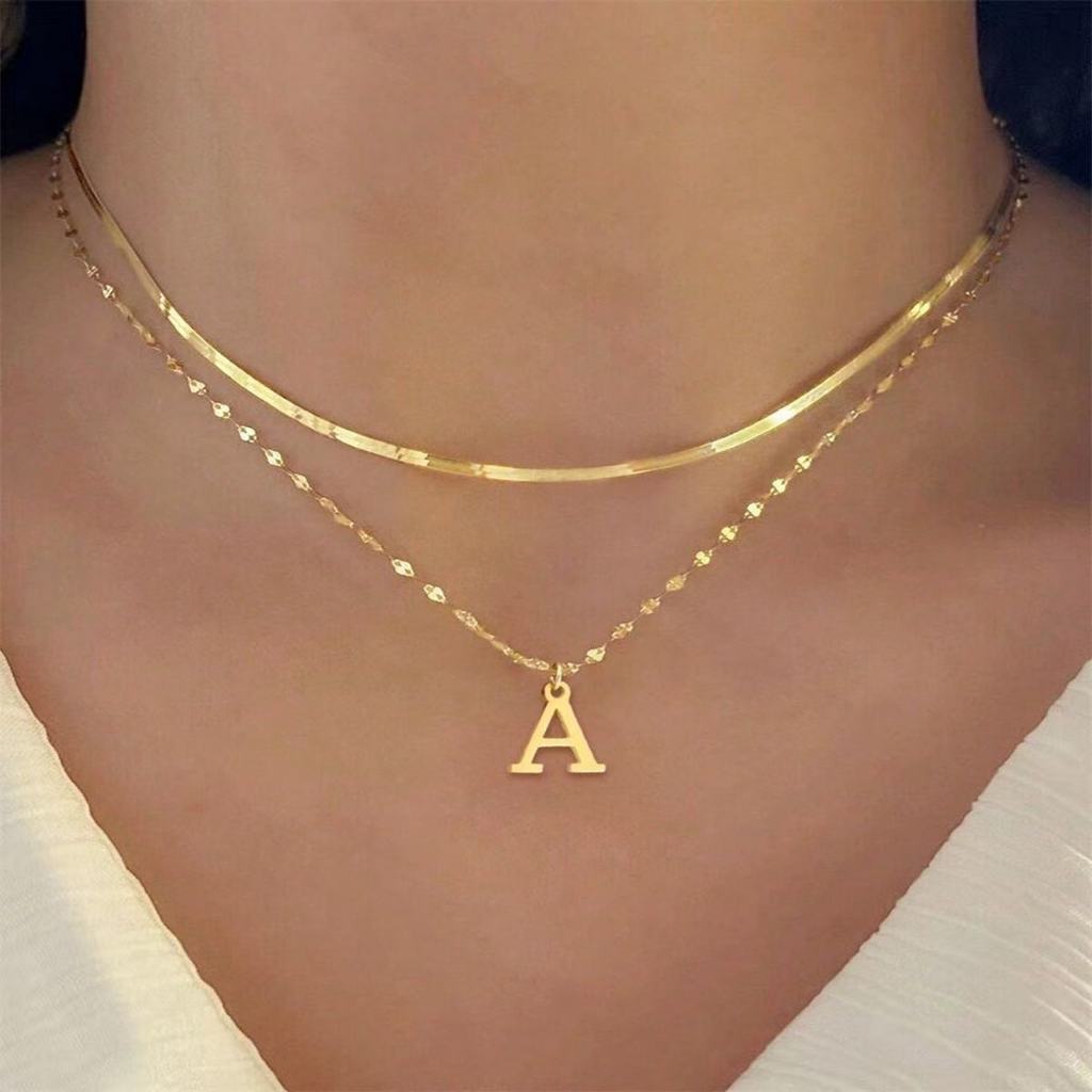 Colar Duplo em Corrente de Cobra e Lábios, Pingente Letra Inicial A-Z, Banhado a Ouro 18K ou Prata 925