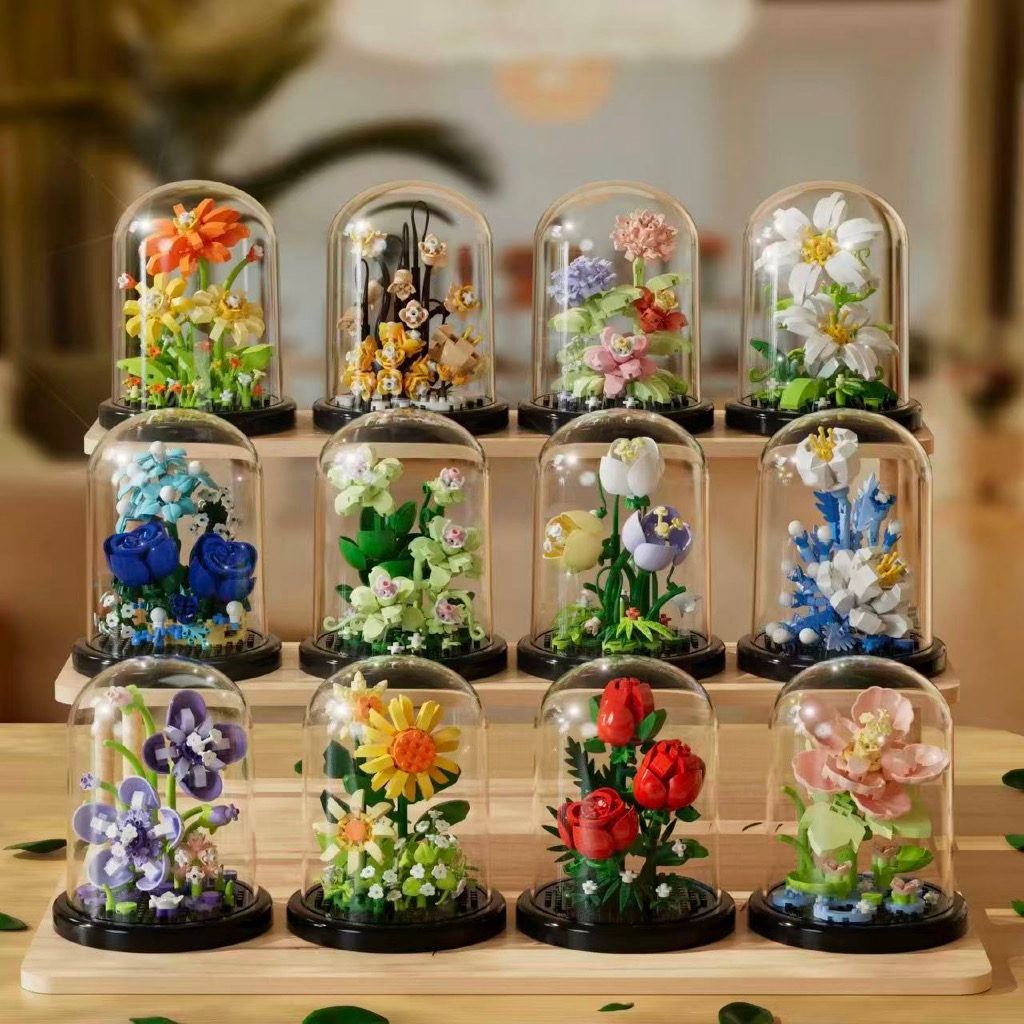 Flores de Montar Decorativas - 6 Modelos Únicos Presente Criativo Mini Blocos Cúpula Transparente