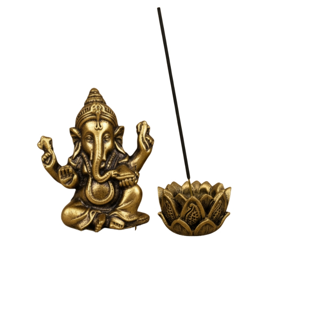 Kit Buda Criança Incensario Varreta Flor De Lótus Ganesha Tibetano Bastet