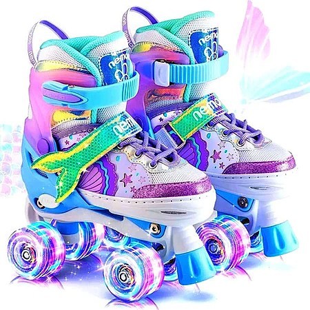 Patins Infantil Sereia 4 Rodas Com Luz De Led Top Patins +Kit Proteção e Sem Kit Proteção Menina Menino Promoção