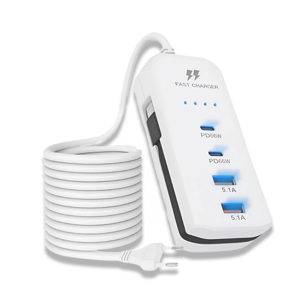 Extensão Régua Carregador Turbo 66W Para Celular 2 Saídas USB 2 USB-C Linha Premium